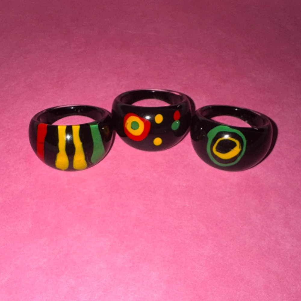 3 Rasta Resin Rings Colorful Patterned Ring Set Old School Jewelry Hippie BoHo